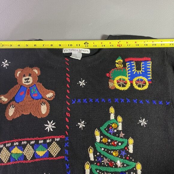 Vtg VICTORIA JONES Tunic Sweater Beaded Ugly Christmas Holiday Womens M Black - Picture 4 of 12